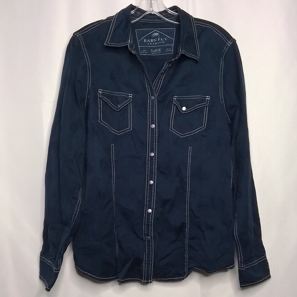 BARN FLY NAVY BLUE LONG SLEEVE WESTERN SNAP COWBOY RODEO EMBOSSED SHIRT SIZE L